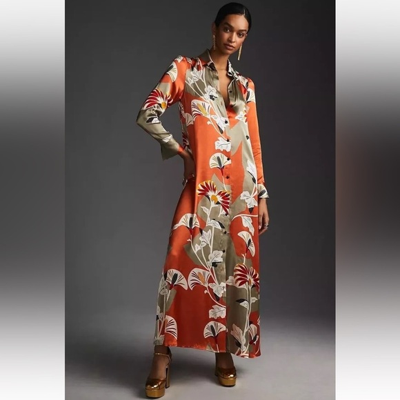 Corey Lynn Calter Shirt Maxi Dress Orange Floral XS - Picture 1 of 11